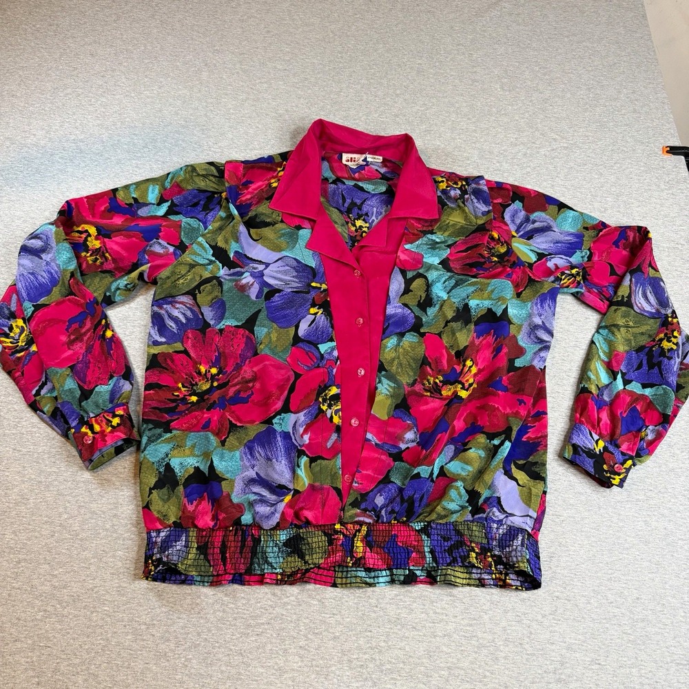 Vtg 80s 90s Colorful Floral Blouse Elastic Waist Small Grannycore Eclectic Retro